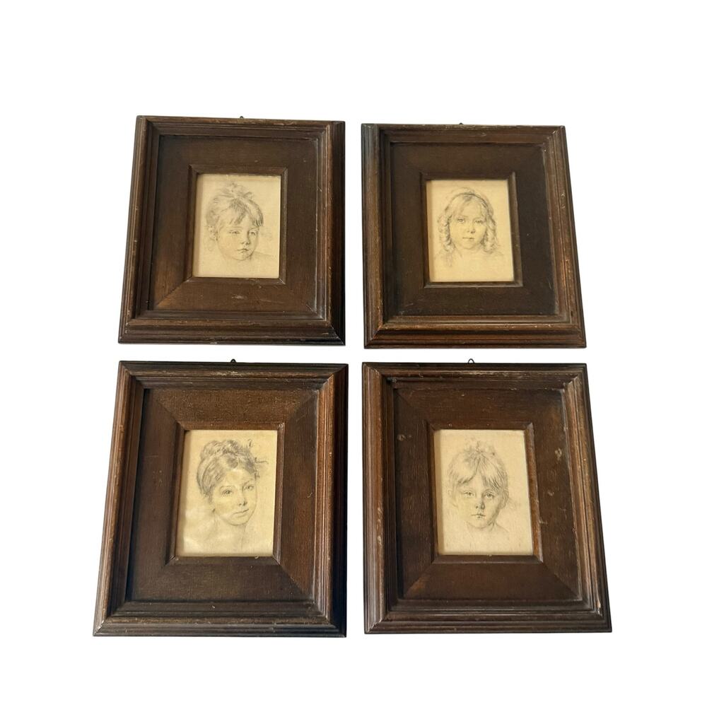 Four Mid-20th Century Framed Miniature Portrait Prints Silk Artist René David